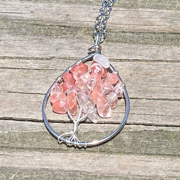 Cherry Quartz gemstone Tree of Life necklace stainless steel chain - Picture 8 of 9